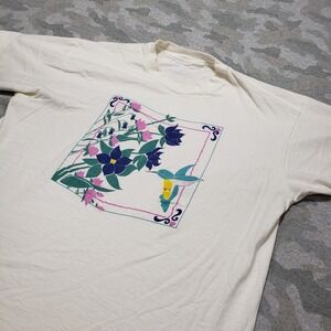 Vintage Hummingbird Shirt Adult XL White Single Stitch Short Sleeve Floral‎
